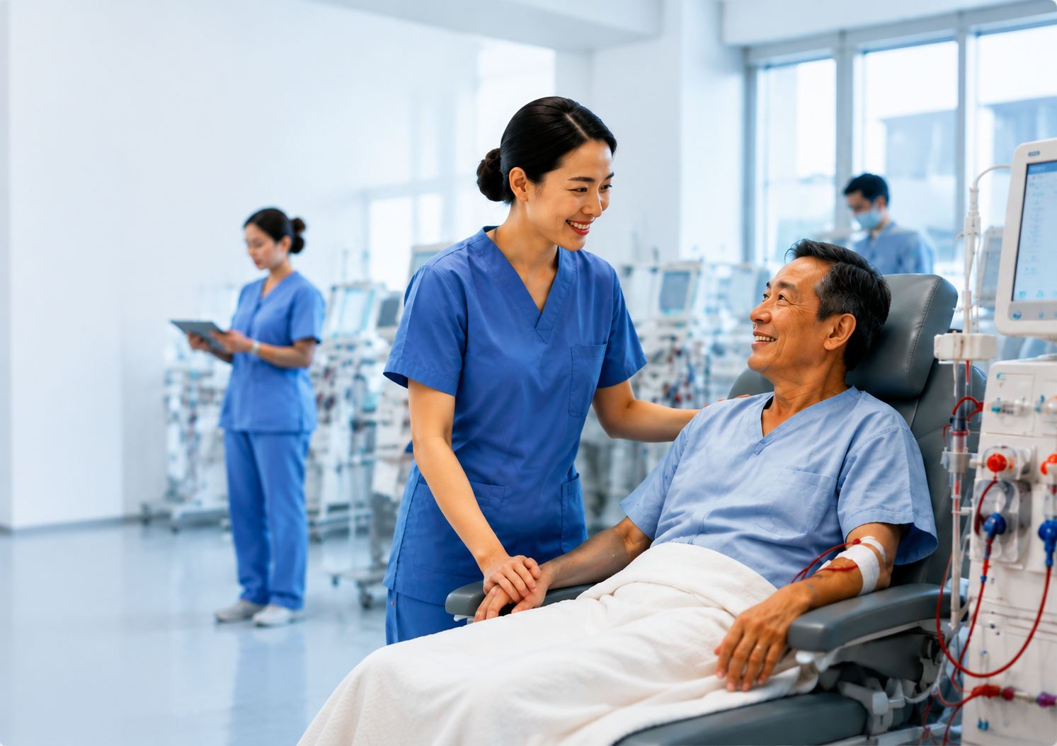 Dialysis care team supporting a patient in a treatment centre